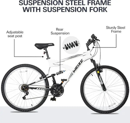 WEIZE 26″ / 27.5″ Hybrid Mountain Bike — 18-Speed Full-Suspension Outdoor Bike with High-Carbon Steel Frame