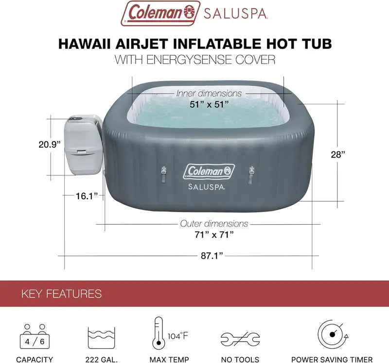 Coleman SaluSpa Atlantis Square Inflatable Hot Tub  46 Person, 140 AirJets, Insulated Cover, Portable Spa Experience