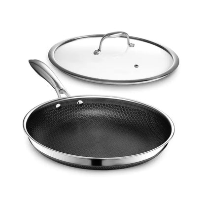 HexClad 12-Inch Hybrid Nonstick Frying Pan  Oven-Safe, Dishwasher-Safe, Glass Lid Included