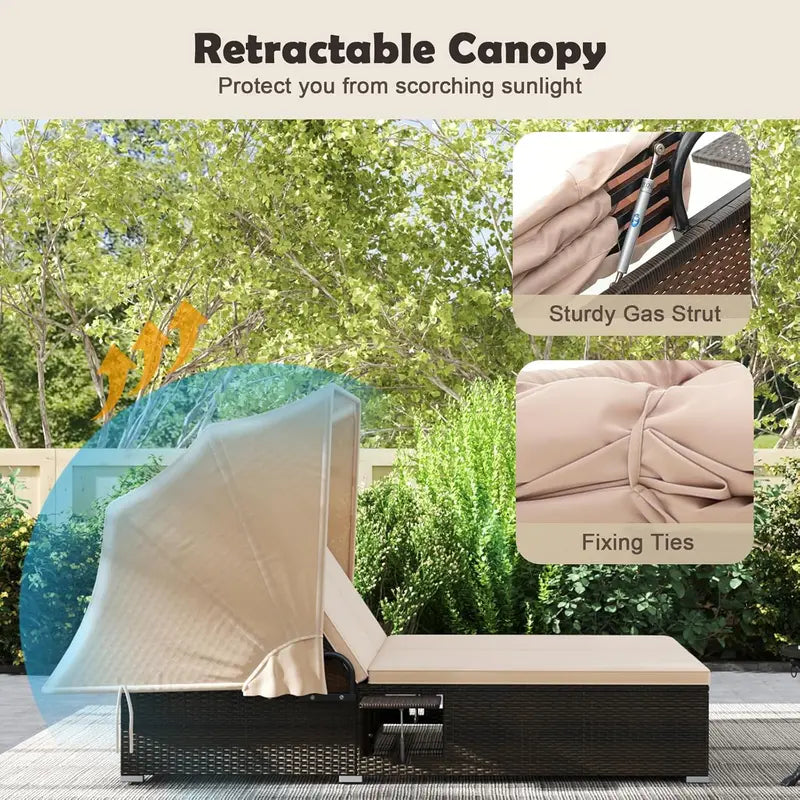 RELAX4LIFE Outdoor Wicker Daybed  Retractable Canopy Chaise Lounge with 6-Position Backrest