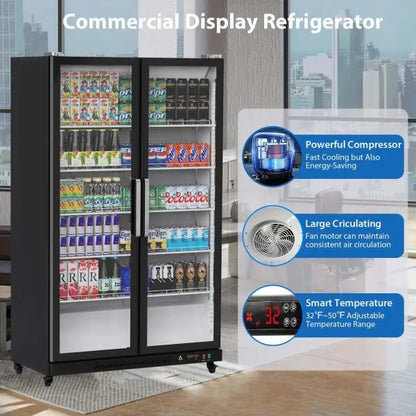 Glass-Front Upright Display Cooler  39 Cubic Feet, Dual-Swing Doors, LED Illumination