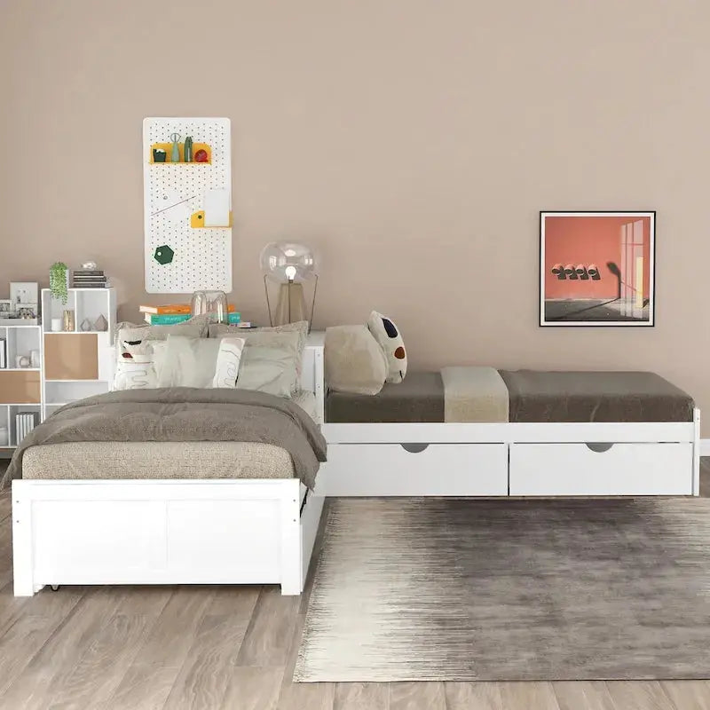 Contemporary White L-Shaped Twin Platform Bed with Built-in Trundle and Storage Drawers