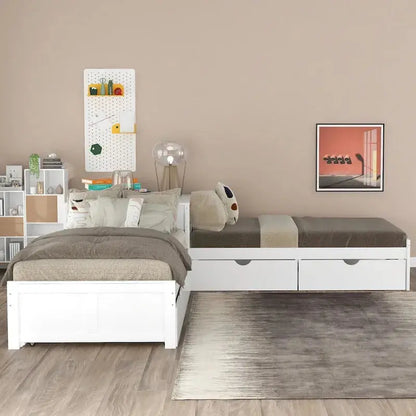 Contemporary White L-Shaped Twin Platform Bed with Built-in Trundle and Storage Drawers