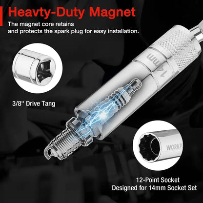 WORKPRO Magnetic Swivel Spark Plug Socket Set  3-Pc Thin-Wall 14mm + 6″ & 10″ Extensions
