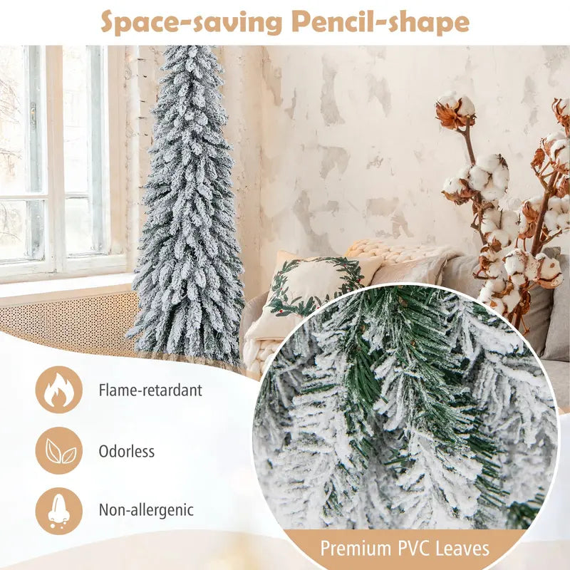 6-Foot Pre-Lit Flocked Pencil Christmas Tree with 250 Warm LED Lights