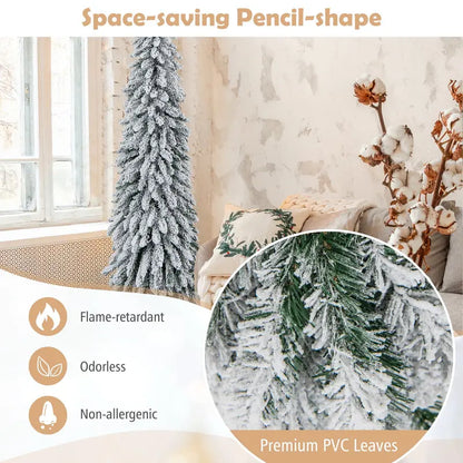 6-Foot Pre-Lit Flocked Pencil Christmas Tree with 250 Warm LED Lights