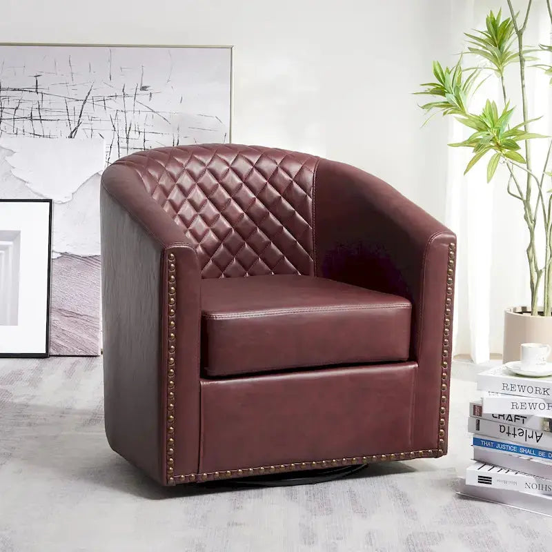 KINWELL Swivel Barrel Chair  29″ Wide Tufted PU Leather Accent Seating with 360° Rotation
