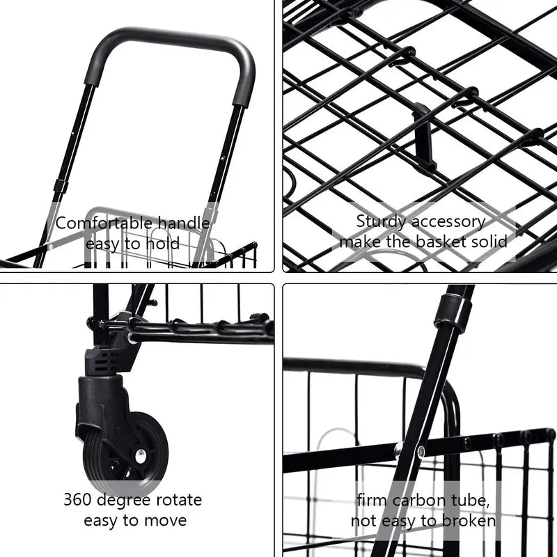 Dual-Basket Folding Utility Cart  Compact Shopping Trolley with 360° Swivel Wheels