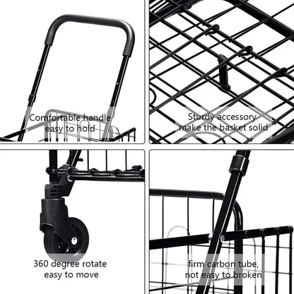 Dual-Basket Folding Utility Cart  Compact Shopping Trolley with 360° Swivel Wheels