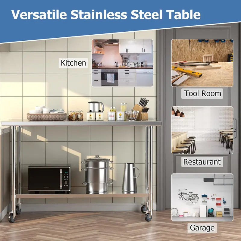 60-Inch Stainless Steel Rolling Kitchen Prep Table with Height-Adjustable Under-Shelf