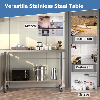60-Inch Stainless Steel Rolling Kitchen Prep Table with Height-Adjustable Under-Shelf