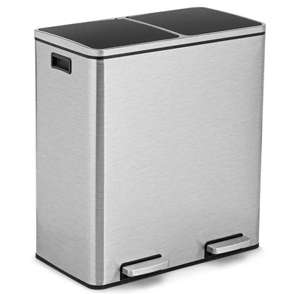 Dual-Compartment Stainless Steel Step Trash Can  60-Liter (16-Gallon) Touch-Free Bin Set