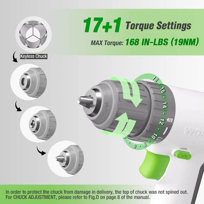 WORKPRO 12V Cordless Drill Driver  3/8″ Keyless Chuck, 18-Torque Settings & 6 Bits