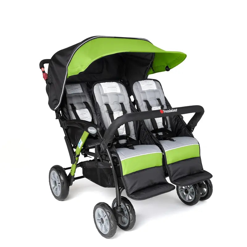 Compass Quad 4-Seat Stroller  Daycare-Ready Multi-Child Carrier with UV Canopy, 5-Point Harnesses, and Storage Bucket