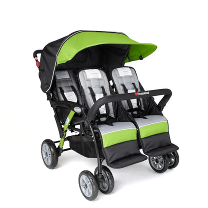 Compass Quad 4-Seat Stroller  Daycare-Ready Multi-Child Carrier with UV Canopy, 5-Point Harnesses, and Storage Bucket