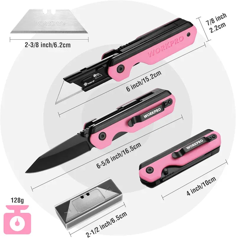 WORKPRO 2-in-1 Folding Utility Knife  Quick-Change Box Cutter with G10 Handle & 10 Blades