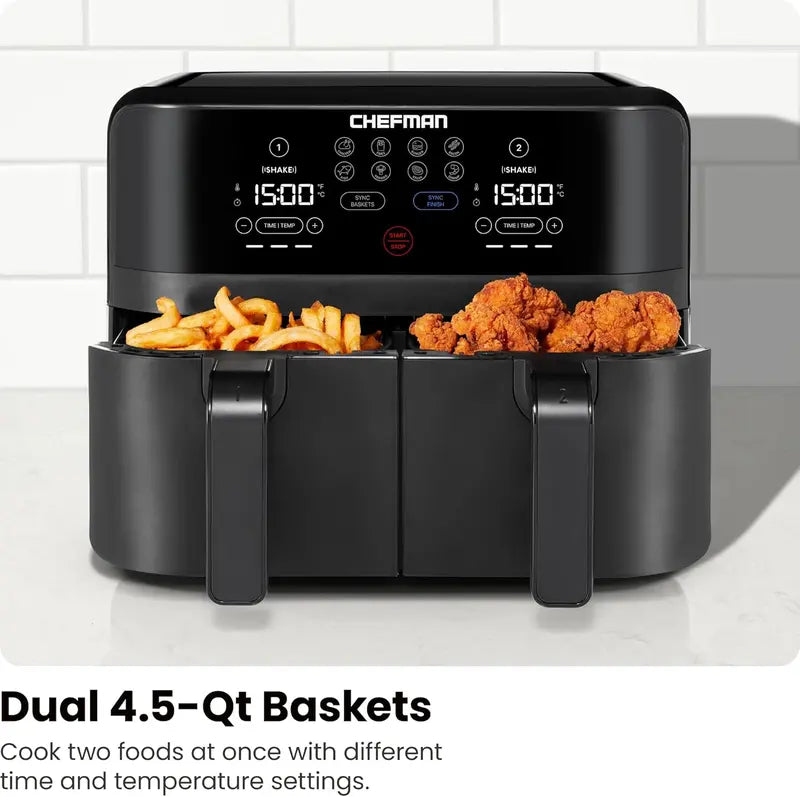 Chefman 6-Quart Dual-Basket Digital Air Fryer  Touchscreen Control, Independent 3-Quart Baskets, Smart Sync Finish & Auto Shut-Off