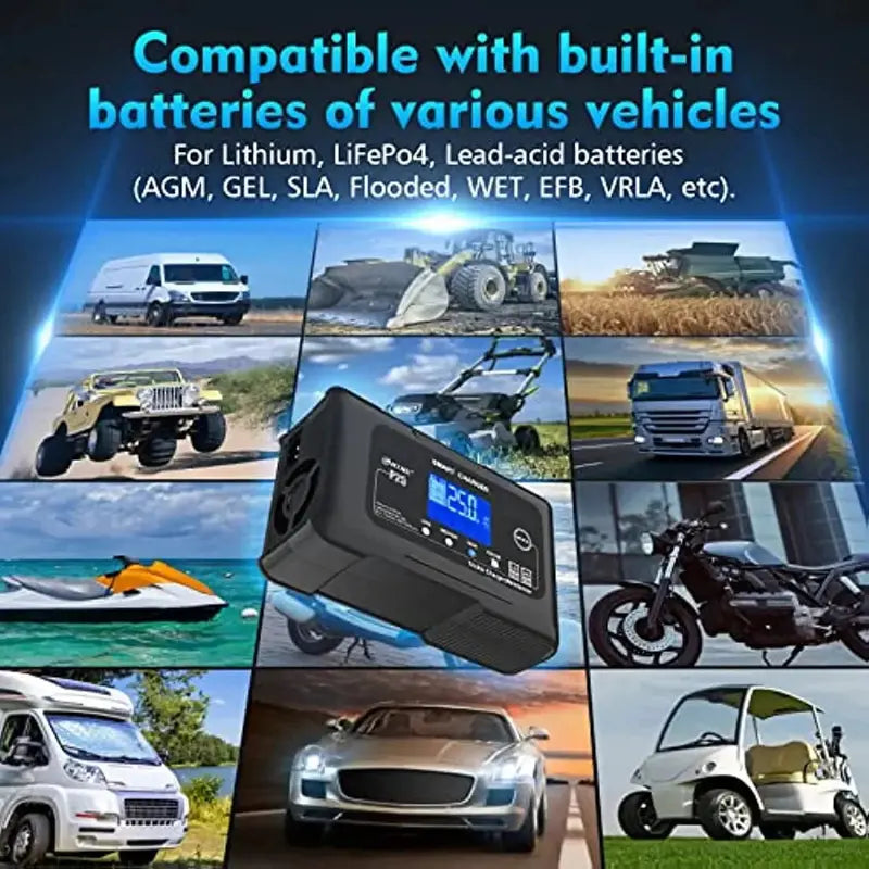 25A Smart Battery Charger  Dual-Voltage (12V/24V), Lithium & AGM Compatible, Trickle/Maintainer/Deep-Cycle Function