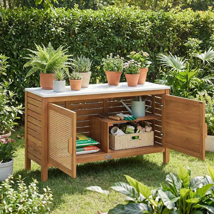 Acacia Wood Outdoor Storage Cabinet with Faux Marble Top and Weather-Resistant Finish