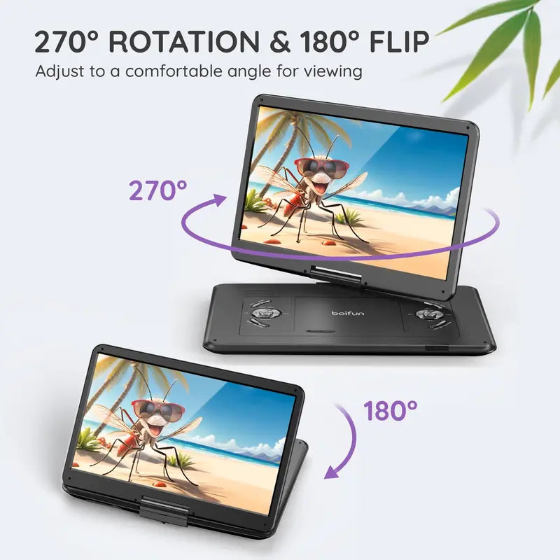 BOIFUN 15.6″ Portable DVD Player, HD Swivel Screen, 6hr Battery, Multi-Format, USB/SD, Region-Free
