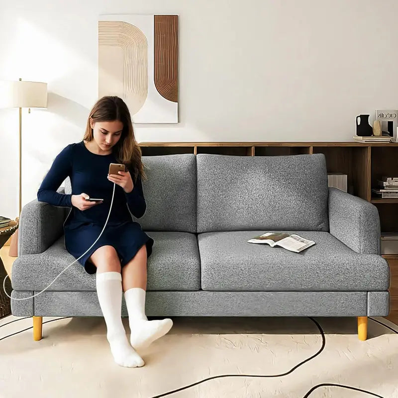 Compact Loveseat Sofa with USB-C Ports  Dark Gray Upholstered Small-Space Couch
