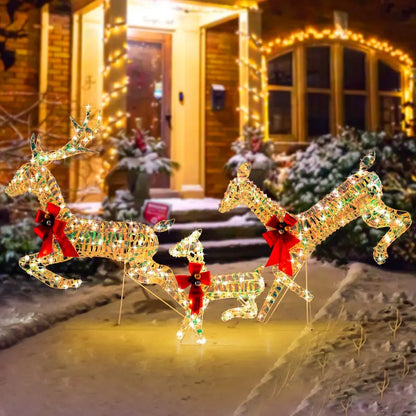 Three-Light LED Reindeer Set — Festive Outdoor Xmas Decor with Red Bows