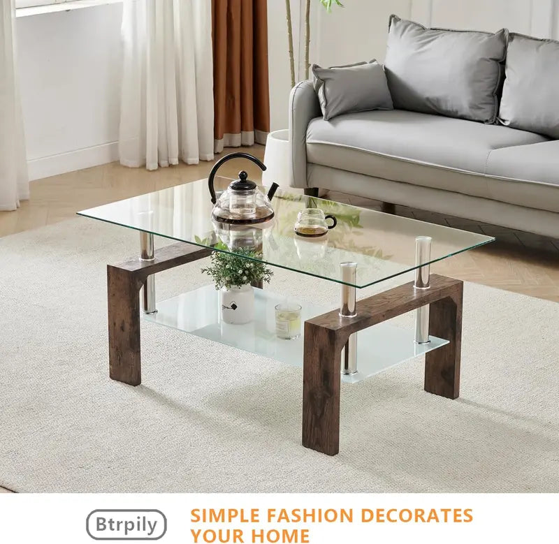 Contemporary Rectangle Coffee Table  Glass-Topped Living Room Side Table with Wooden Legs, Ideal for Waiting Areas