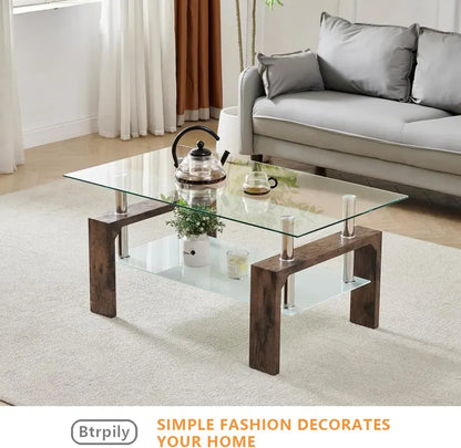 Contemporary Rectangle Coffee Table  Glass-Topped Living Room Side Table with Wooden Legs, Ideal for Waiting Areas