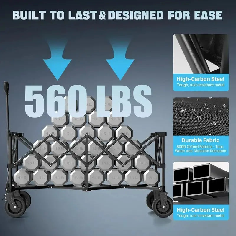 Extra-Large 48″ Heavy-Duty Folding Cart  560 lb Capacity, 350L Volume, Brake-Enabled Utility Wagon