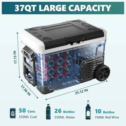 EUHOMY 35L Portable 12V Refrigerator-Freezer  Dual-Voltage DC/AC, -4°F to 68°F, Wheels & Baskets