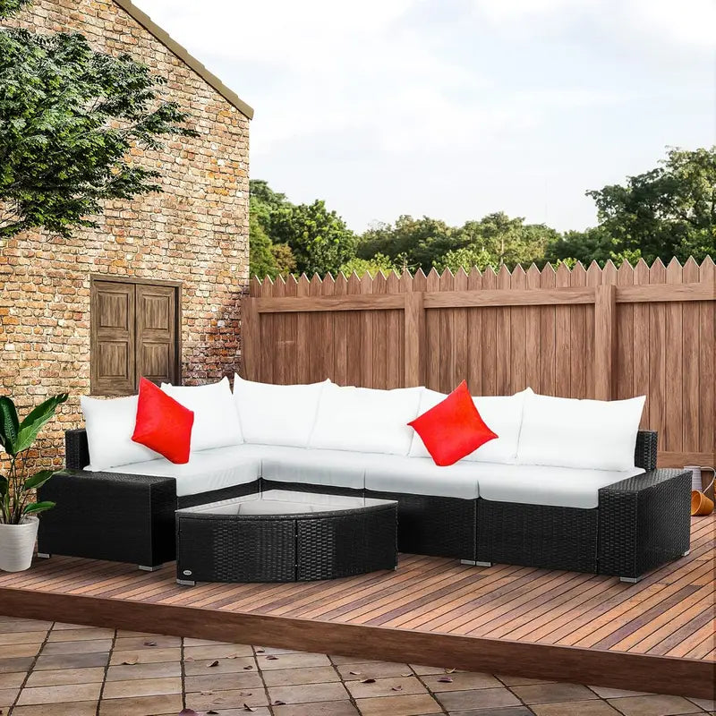 6-Piece PE Rattan Patio Furniture Set with Beige Cushions & Fan-Shaped Glass Coffee Table