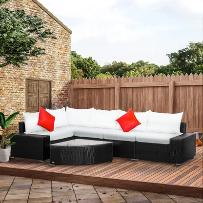 6-Piece PE Rattan Patio Furniture Set with Beige Cushions & Fan-Shaped Glass Coffee Table