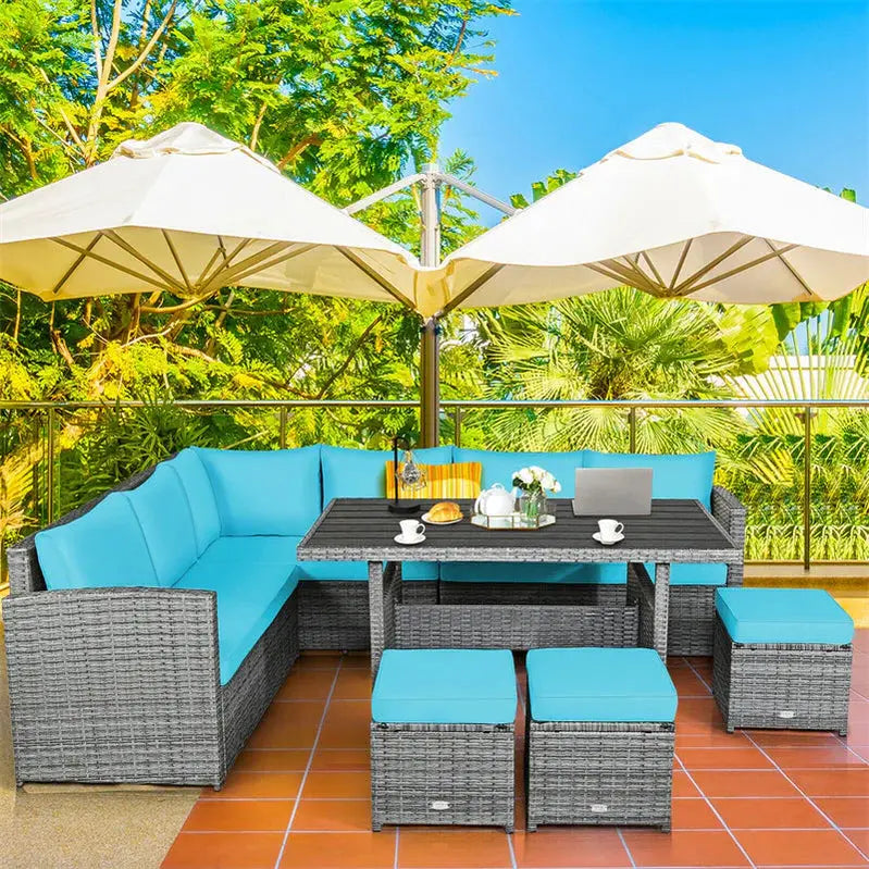 7-Piece Rattan Patio Dining Set  Sectional Sofa, Table, Ottomans & Weather-Resistant Cushions