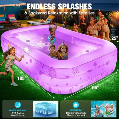 Lighted Family Inflatable Pool  Extra-Large with Integrated Seats & Waterproof LED Lighting