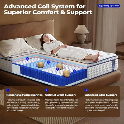 King-Size 14-Inch Hybrid Mattress  Medium-Firm Support with Layered Foam & Pocketed Coil System