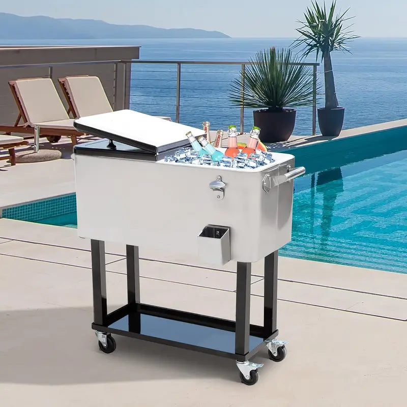 80-Quart Portable Rolling Steel Cooler with Heavy-Duty Wheels