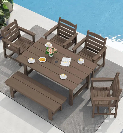 SERWALL 7-Piece Blue HDPE Outdoor Dining Set with Umbrella Hole and Stackable Chairs