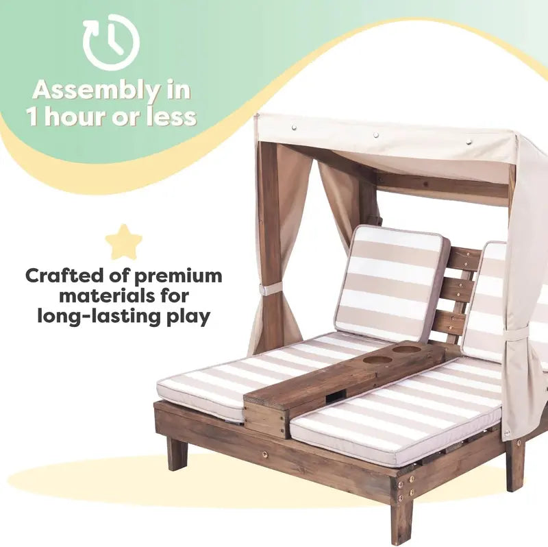 KidKraft Honey-Finished Outdoor Double Chaise Lounge  Navy & White Striped Fabric, Ages 38