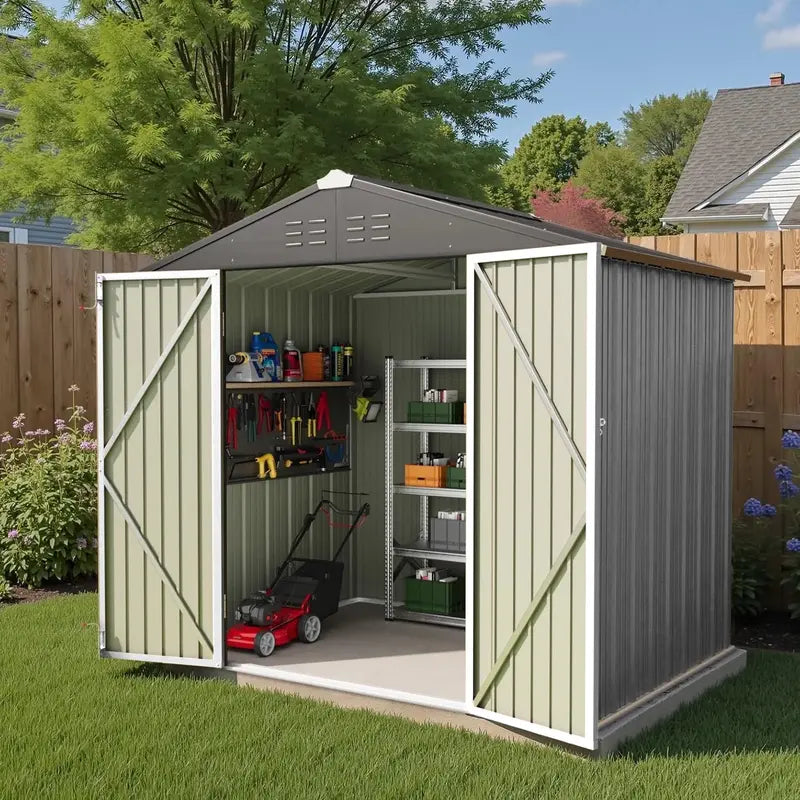 Greesum 6x4ft Lockable Patio Storage Shed  Galvanized Steel Garden Utility Shed