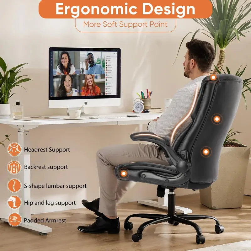 Sweetcrispy Ergonomic Gaming Chair, High Back PU Leather Office Chair with Flip-up Armrests, 275 lbs Capacity
