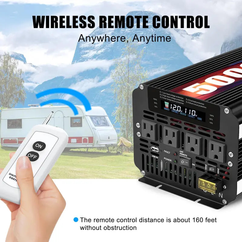 5000W Pure Sine Wave Power Inverter  12V to 120V DC-to-AC Converter with LCD Display, Wireless Remote & 4 AC Outlets for RVs, Solar & Off-Grid Use