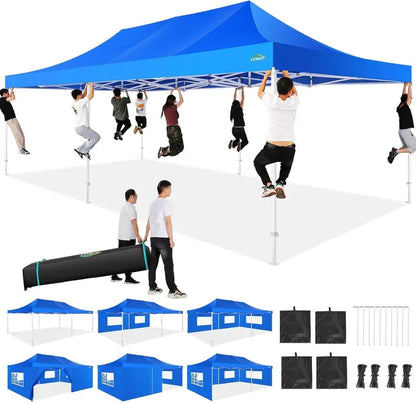 COBIZI Heavy-Duty 10×20 FT Pop-Up Canopy Tent  6 Wind-Resistant Sidewalls, Black Frame, Roller Bag