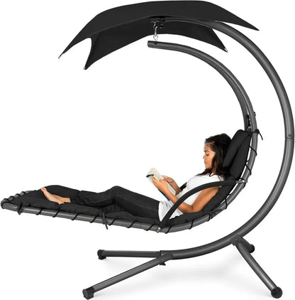 Best Choice Products Curved Hanging Steel Chaise Lounge Swing  Charcoal Gray with Pillow & Canopy