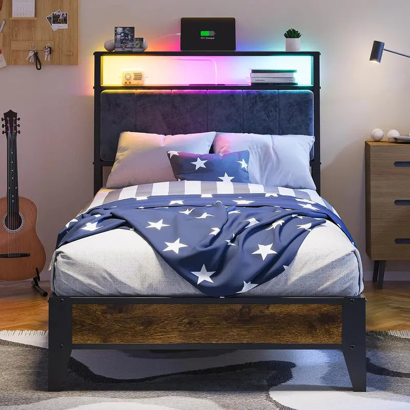OLEVS Single Metal Platform Bed  LED-Lit Headboard with USB-C Charging Ports and Underbed Storage