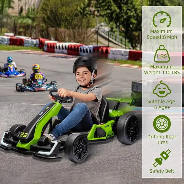 24V Electric Go-Kart for Outdoor Racing  300W Motor, Drift/Sport Mode, Adjustable Frame, EVA Tires (Green)