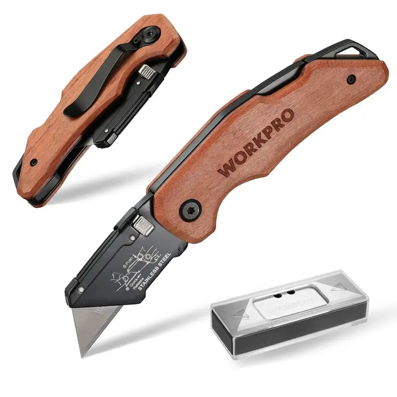WORKPRO Heavy-Duty Folding Utility Knife  Wood Handle, Durable Blade Design