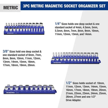 WORKPRO Magnetic Socket Organizer for 1/4″, 3/8″, and 1/2″ Drive  Metric & SAE Sizes (Sockets Not Included)