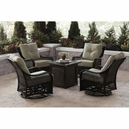 Orleans 5-Piece Patio Fire Pit Set — Steel Conversation Area with Swivel Gliders, Navy Cushions, and Square Table Base