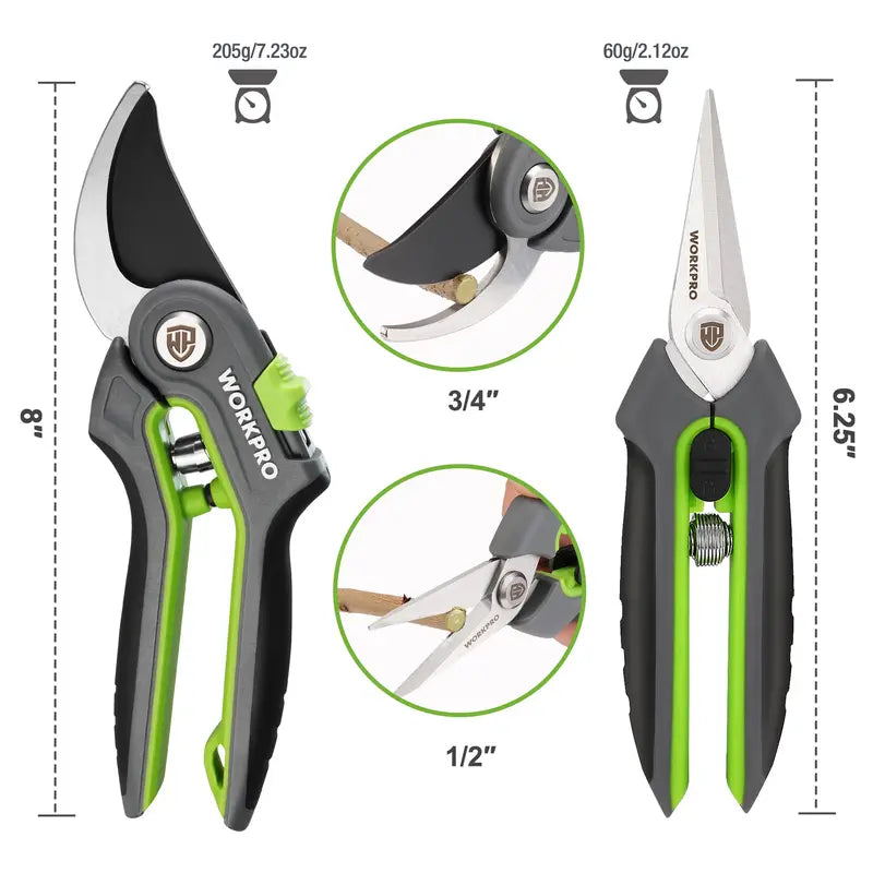WORKPRO 8-Inch Bypass Pruning Shears & 6.25-Inch Straight Garden Scissors  2-Piece Set