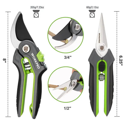 WORKPRO 8-Inch Bypass Pruning Shears & 6.25-Inch Straight Garden Scissors  2-Piece Set